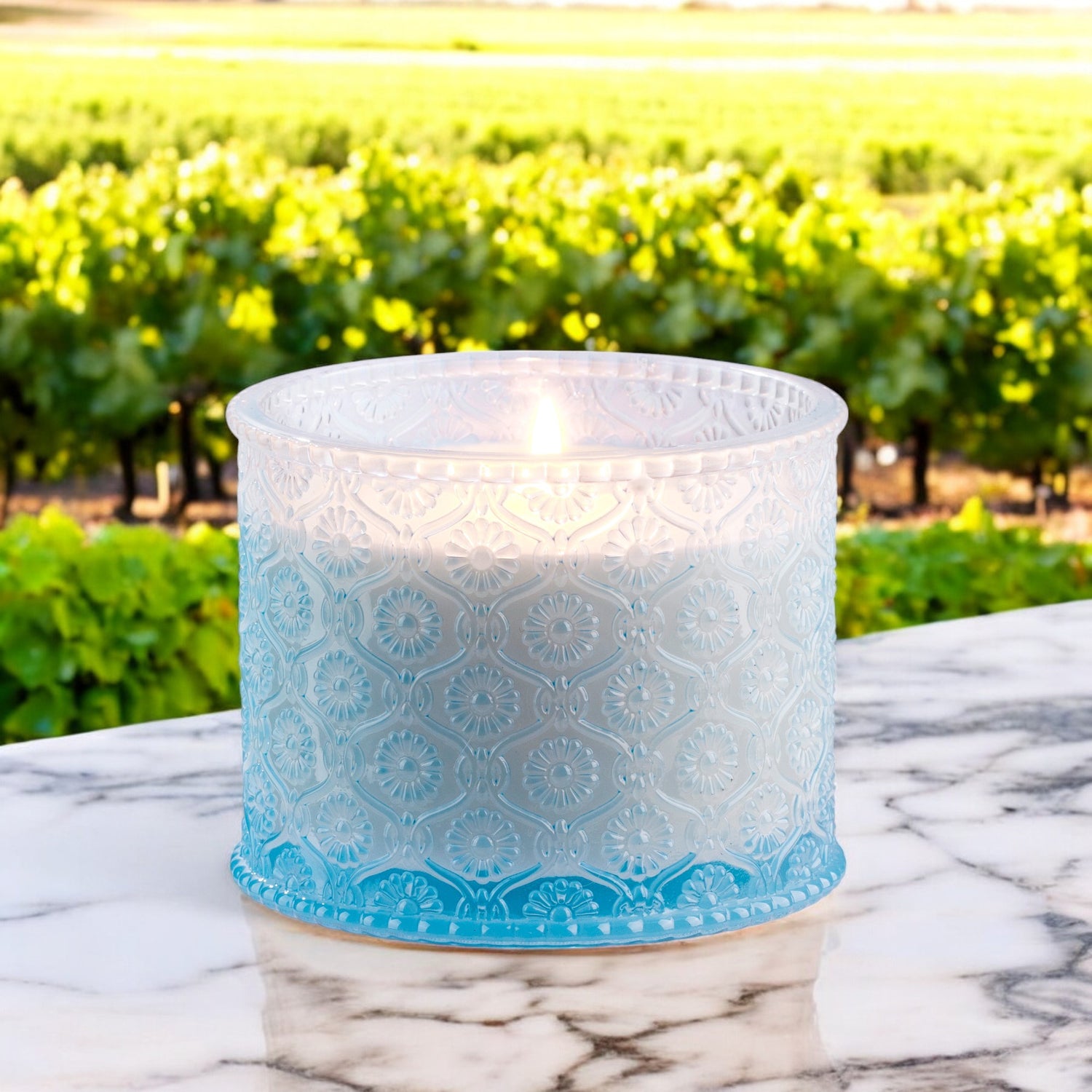 Embossed Blue Glass Jar Scented Candle